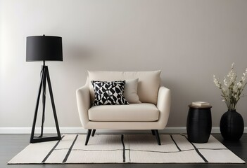 A modern beige armchair with black and white throw pillows in a minimalist living room setting with a black floor lamp.