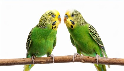 Obraz premium Two green parakeets on a branch isolated on white background