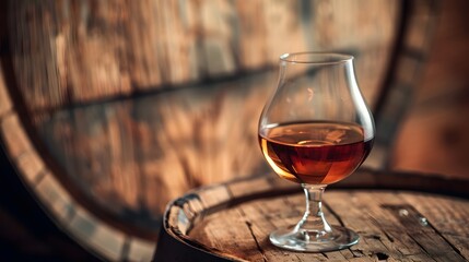 Rustic Wooden Barrel and Brandy Glass Capturing the Essence of Craftsmanship