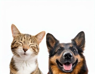 Vet banner with pets and copy space for text. Dog and cat smiling with happy expression and closed eyes. Isolated on white background