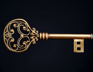 Vintage golden or copper skeleton key isolated on dark background