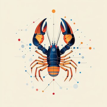 recommend clip art: Elegant Geometric Lobster Illustration in Orange and Blue Lines on Cream Background