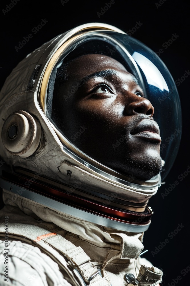 Poster a close-up view of a person wearing a space suit, ideal for use in science fiction or technology-rel