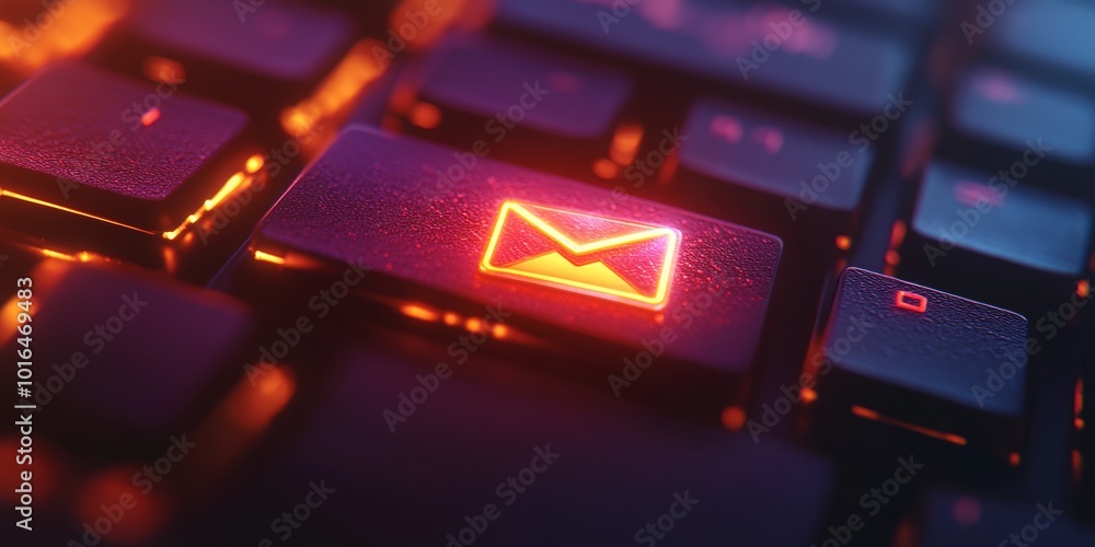 Poster email key highlight, close-up view of a keyboard's email key with an email symbol, soft background c