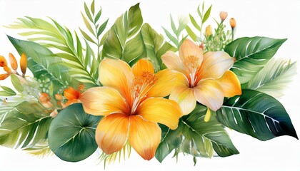 Fototapeta premium Watercolor of Tropical spring floral green leaves and flowers s isolated on transparent background, bouquets greeting or wedding card decoration, with Generative Ai.