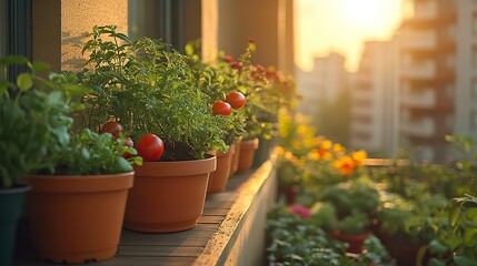 a small lush balcony garden in a bustling urban cityscape showcasing a variety of plants and vegetables being cultivated in compact spaces for sustainable living and self sufficiency.create by F.a