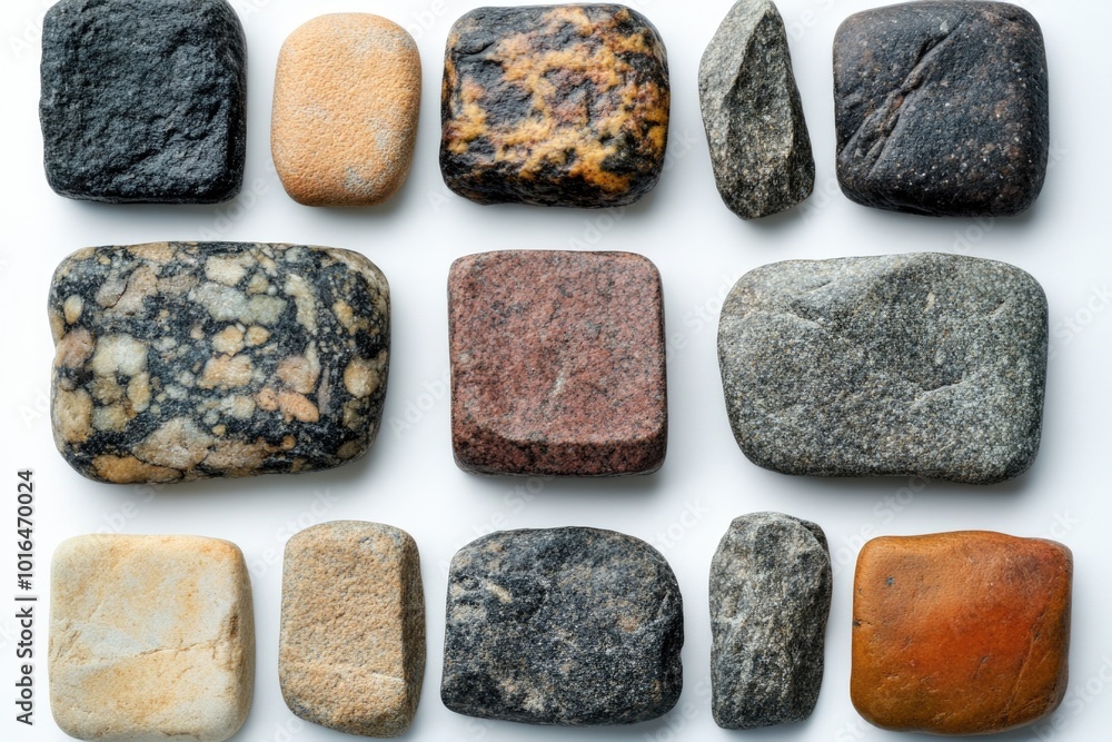 Poster a collection of rocks sitting on a smooth white surface, great for use in presentations or designs a
