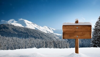 Naklejka premium Wooden sign board snow covered with copy space for text