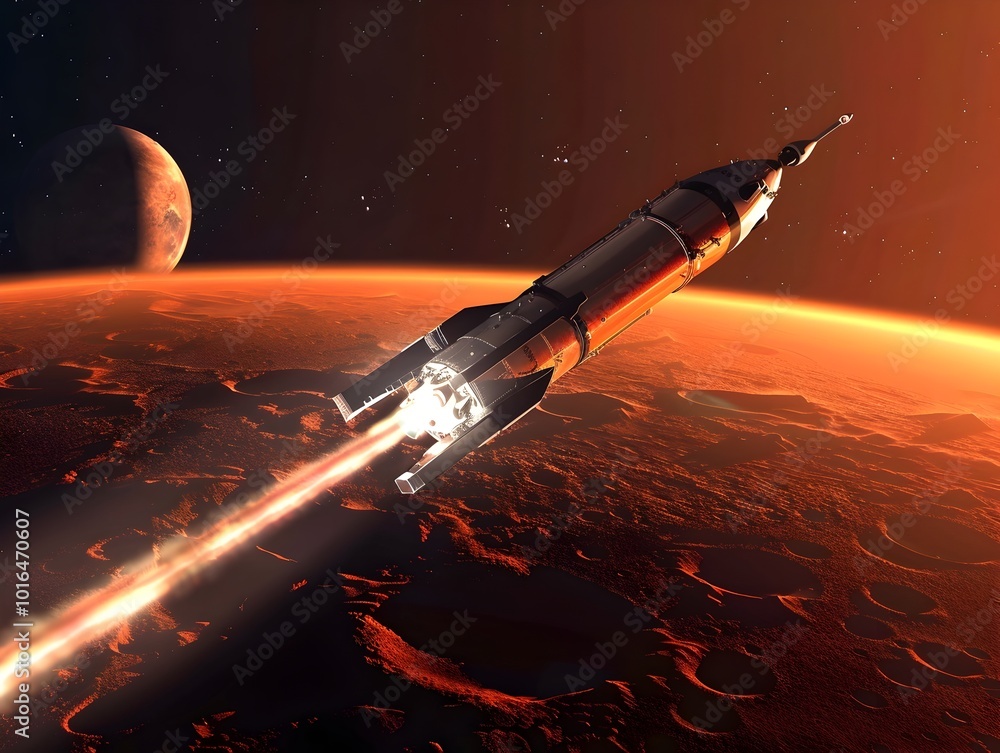 Poster rocket descending to mars for mission red planet in background