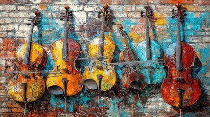 Colorful Cello Ensemble on Brick Wall