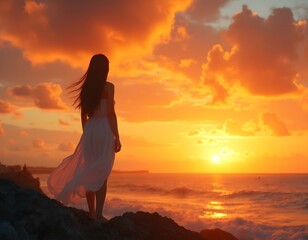 A young woman stands gracefully on a rocky shore, silhouetted against a stunning sunset sky. Her flowing dress catches the breeze as she gazes out over the ocean