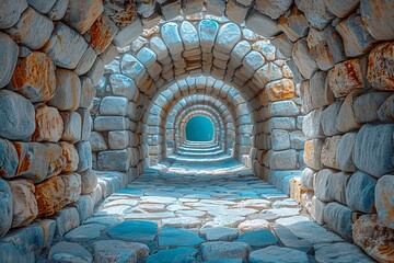 Fototapeta premium Stone tunnel corridor for city municipal services under road and mountain construction site