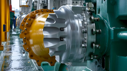 Obraz premium Close-up View of a Large Industrial Turbine Blade with a Yellow Housing, Showing Complex Mechanical Details in a Factory Setting