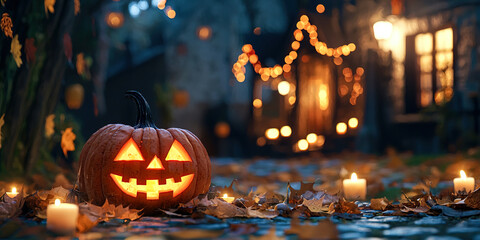 Obraz premium A pumpkin with a smiley face on it is sitting on a path with leaves and candles