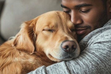 A person hugs a canine companion with their eyes shut, conveying affection and trust.