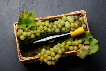 A wine bottle lies elegantly over a bed of fresh grapes