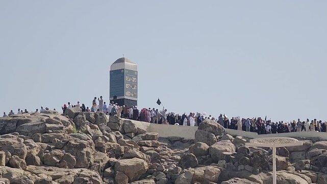 Mecca, Saudi Arabia on February 26, 2024. Jabal Rahmah in Arafah is the place where the Prophets Adam and Eve met after they were expelled from heaven.  This is the place where they ask for forgivenes