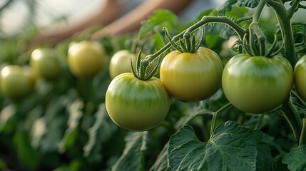 a thriving horticulture business showcasing rows of lush green tomato plants in a well maintained greenhouse,workers tending to the healthy crop.create by F.a