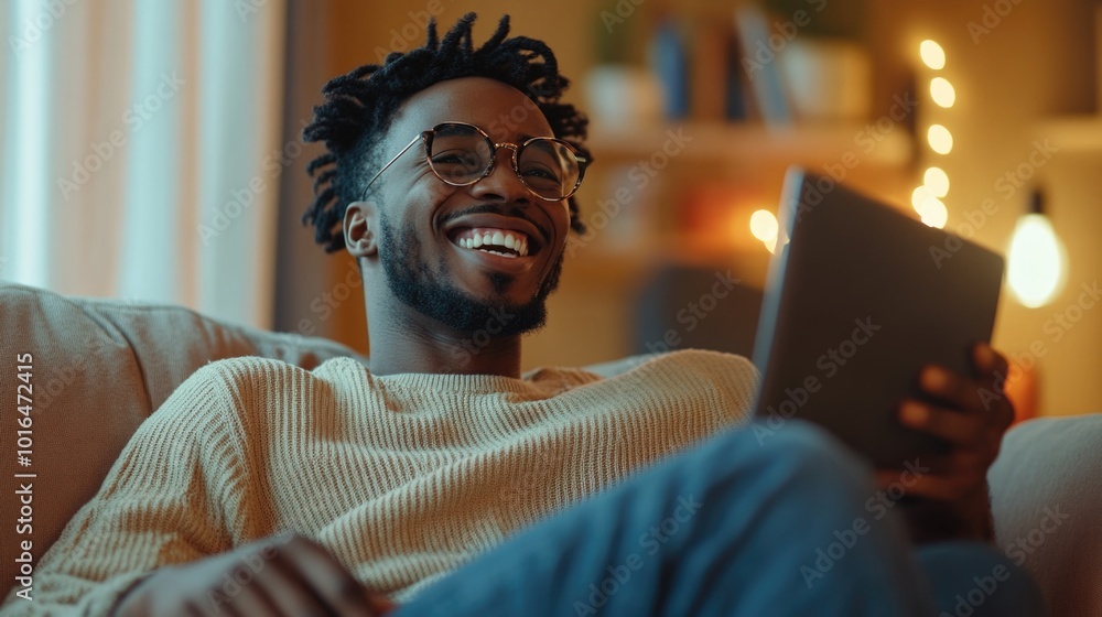 Aufkleber man sitting on couch using laptop.