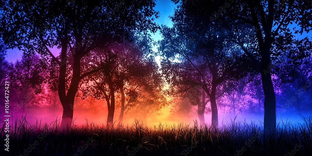 Poster a forest with trees in a rainbow of colors