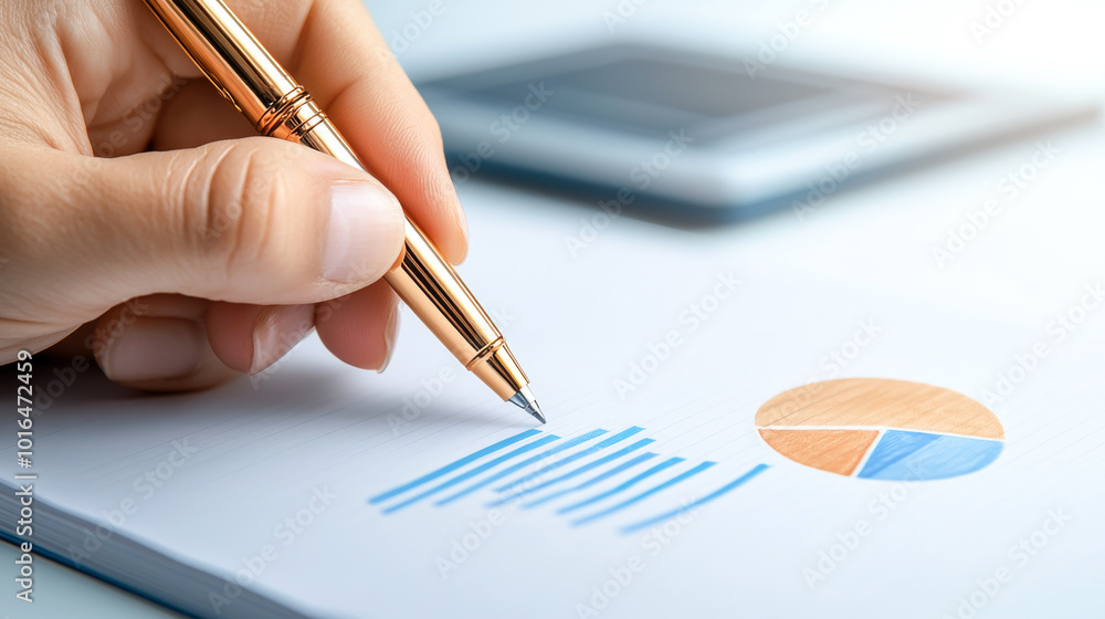 Poster a close-up of a hand holding a pen, writing on a report with charts and graphs, emphasizing analysis