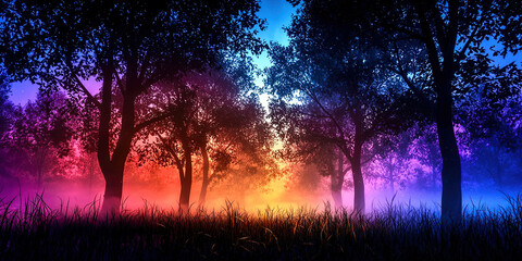 A forest with trees in a rainbow of colors