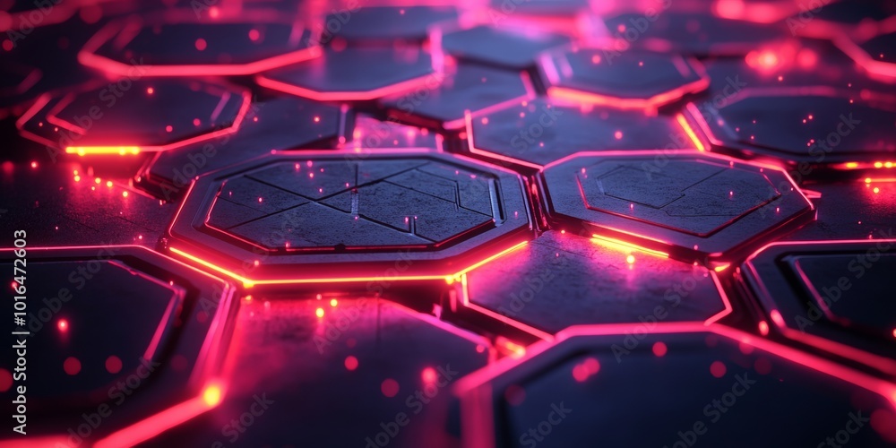 Poster glowing hexagonal grid, interlocking hexagons, sharp polygons, dark futuristic background, vibrant i