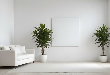 A minimalist living room with a large blank white canvas on the wall, a white sofa, and a potted plant.