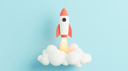 A colorful rocket launching from a cloud against a soft blue background, symbolizing innovation and exploration.