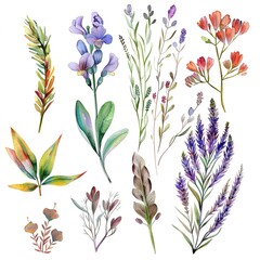 Watercolor style, botanical elements, transparent 