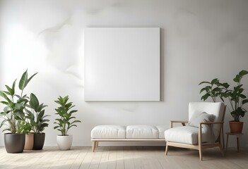 A minimalist living room with a large blank white canvas on the wall, a white sofa, and a potted plant.