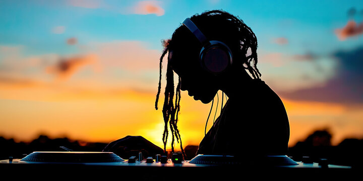 A man with dreadlocks is sitting in front of a DJ mixer
