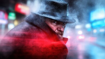 A man in a fedora turns with a mysterious look on his face, surrounded by neon lights and mist, creating a dramatic and suspenseful atmosphere in an urban setting.
