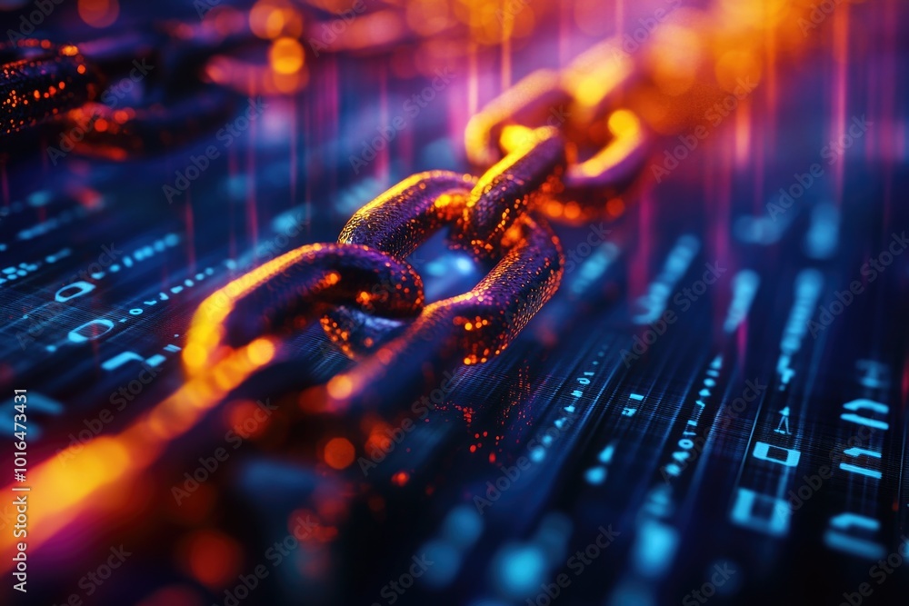 Poster A close-up image of a chain attached to a computer keyboard, suitable for use in technology or security-related contexts.
