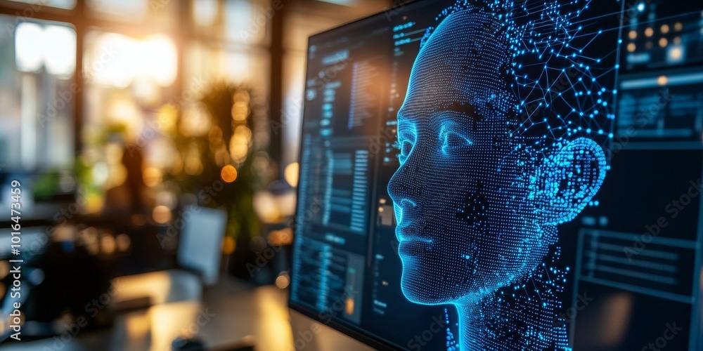 Poster pixelated face analysis, a large monitor displaying facial recognition software, office environment 
