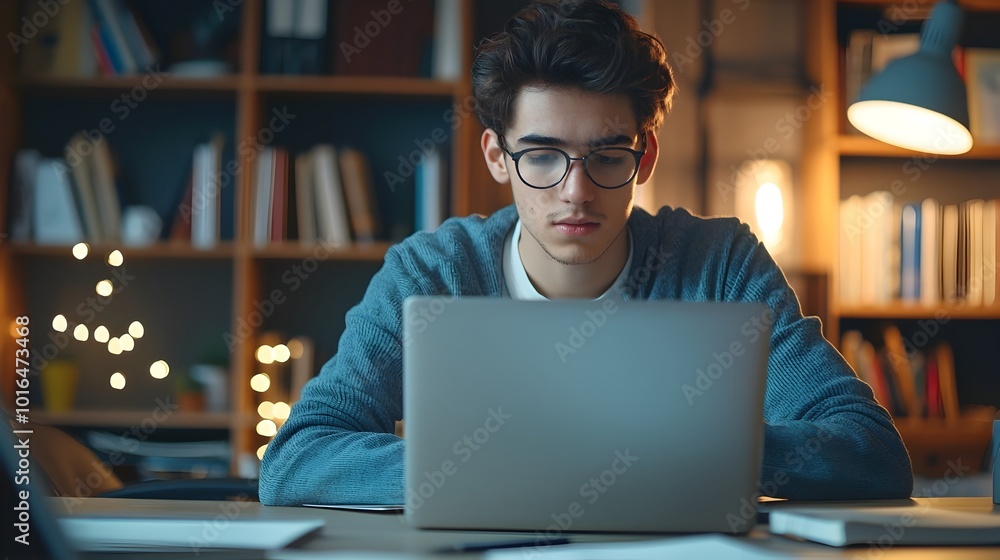 Poster student studying intently at home laptop workspace with textbooks and notes