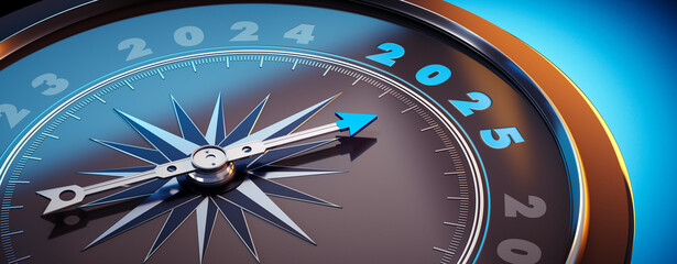 Dark compass with needle pointing to the year number 2025	