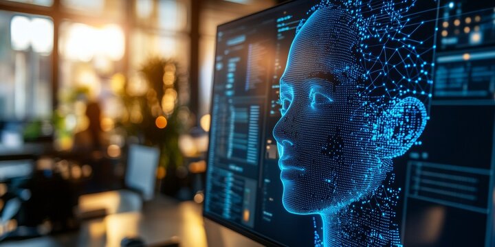 Pixelated Face Analysis, a large monitor displaying facial recognition software, office environment softly blurred in the background - Powered by Adobe