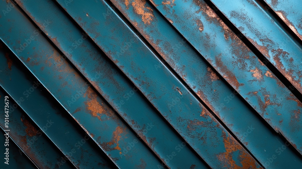 Poster diagonal rusty turquoise metal stripes in close-up view showcase intricate textures and colors, blen