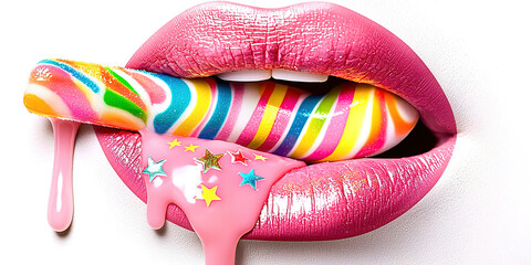 A pink lip with a rainbow lollipop on it