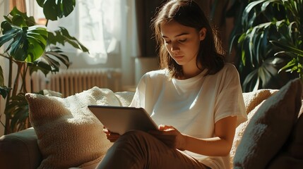 Young Woman Attending Virtual Online Education Class on Tablet Device in Comfortable Living Room