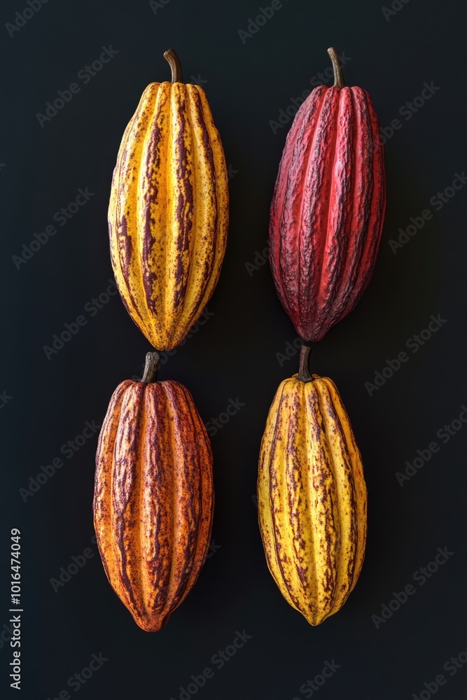 Poster a close-up view of three cocoa pods arranged on a dark, matte surface.