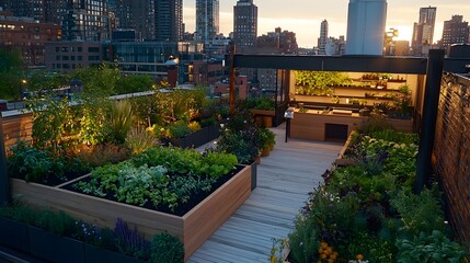 Obraz premium Lush Rooftop Oasis with Meticulously Curated Garden Beds and Cascading Greenery