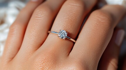 Obraz premium A classic solitaire diamond ring is seen on a finger, exuding radiance and elegance, symbolizing timeless love and moments meant to be cherished forever.