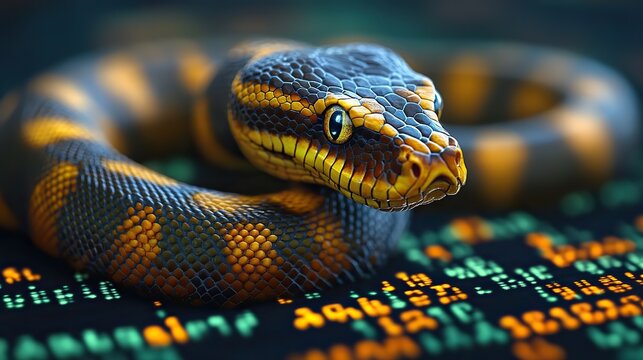 a visual comparison of python and javascript featuring a javascript logo and a python snake image,code in the background.illustration