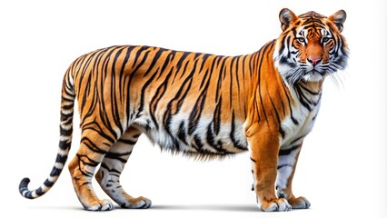 Fototapeta premium A stunning side view of a majestic Malayan tiger, capturing its realistic details in a striking white background, perfect for wildlife enthusiasts and nature lovers.