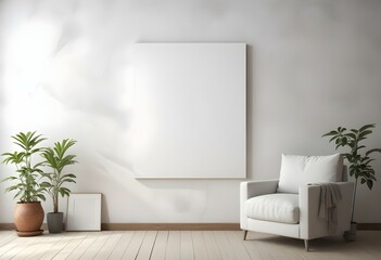 A minimalist living room with a large blank white canvas on the wall, a white sofa, and a potted plant.