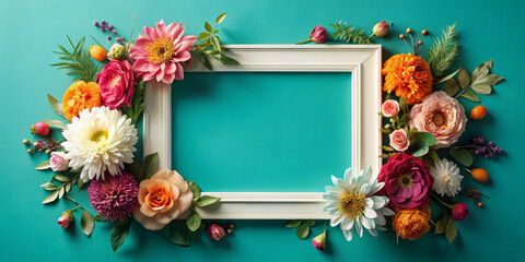 beautiful arrangement of colorful flowers surrounds empty white frame on vibrant turquoise background, creating cheerful and inviting atmosphere