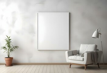 A minimalist living room with a large blank white canvas on the wall, a white sofa, and a potted plant.