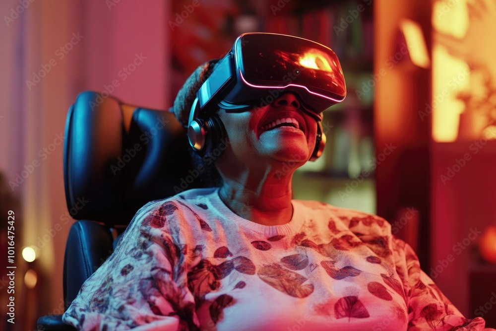 Poster a person using a virtual reality headset in a chair.